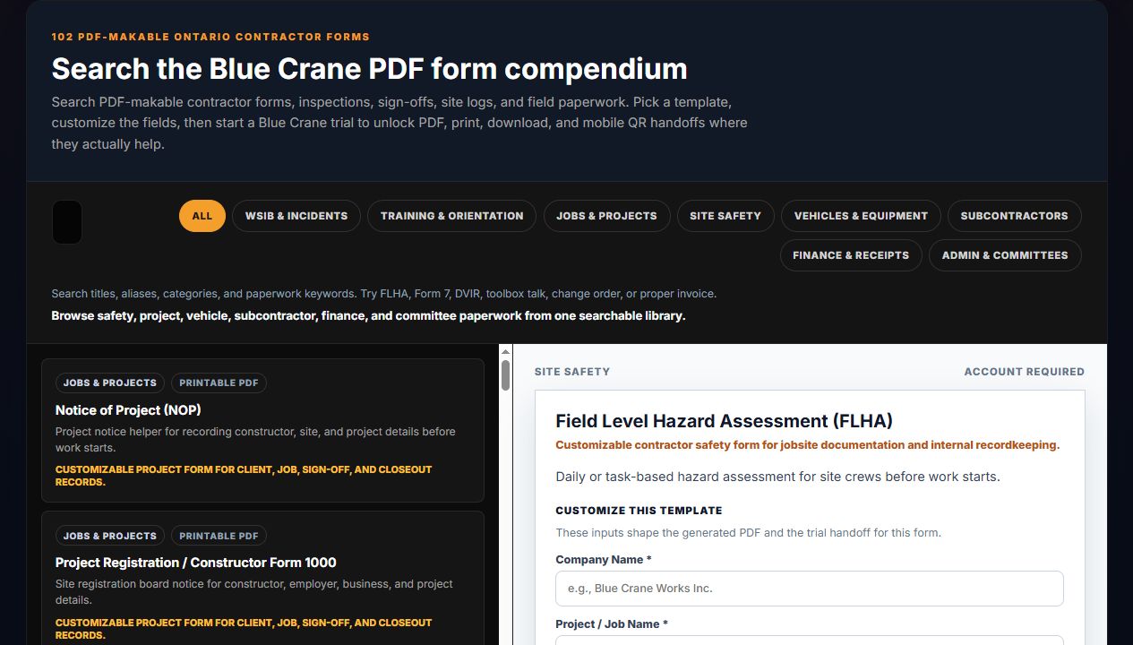 Blue Crane tools page showing the FLHA form preview and field inputs.