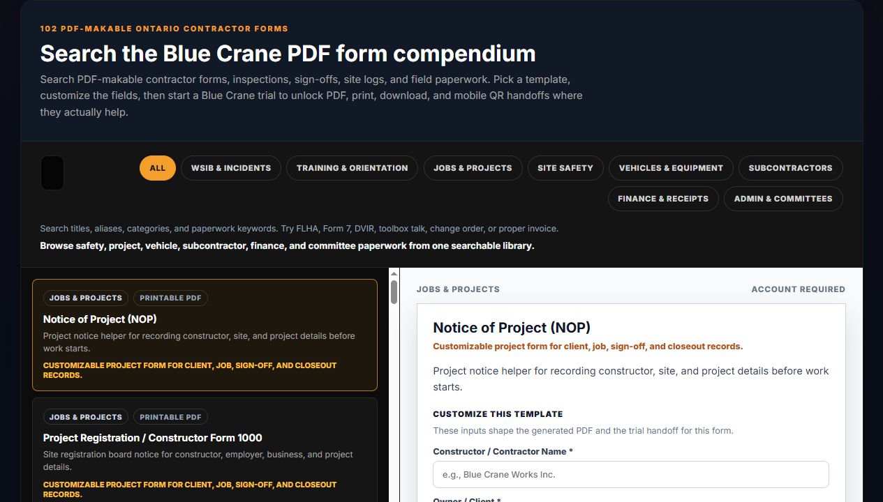 Blue Crane tools page showing the Notice of Project form preview and field inputs.