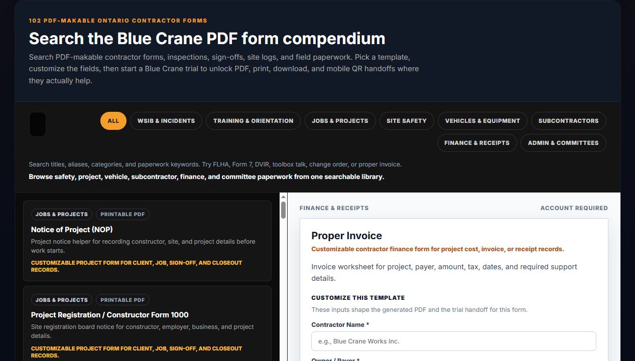 Blue Crane tools page showing the Proper Invoice form preview and field inputs.