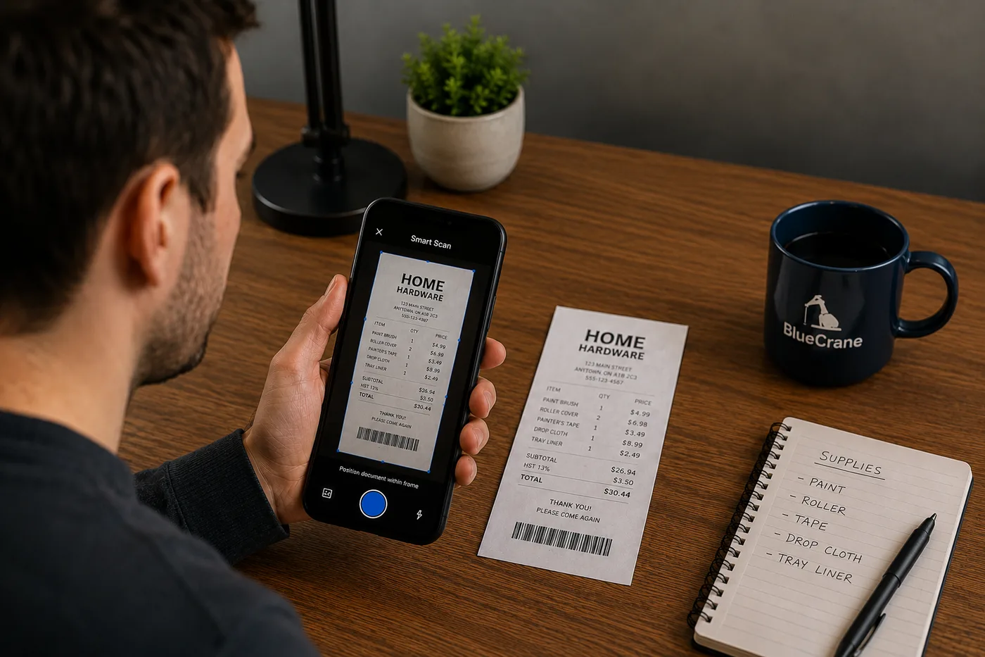Smart Scan feature showing a phone scanning and enhancing a receipt