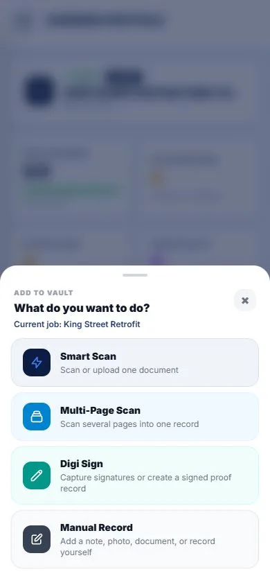 Blue Crane mobile add to vault menu with Smart Scan, Multi-Page Scan, Digi Sign, and Manual Record