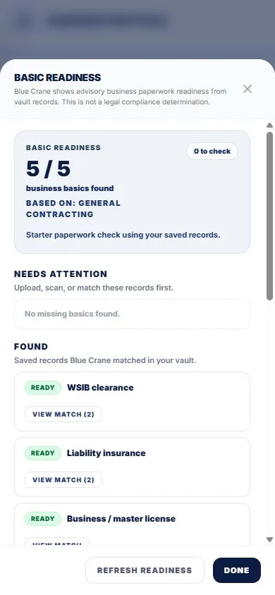 Blue Crane mobile Basic Readiness screen showing matched business proof records