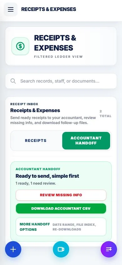 Blue Crane mobile accountant handoff screen with ready receipts and review queue