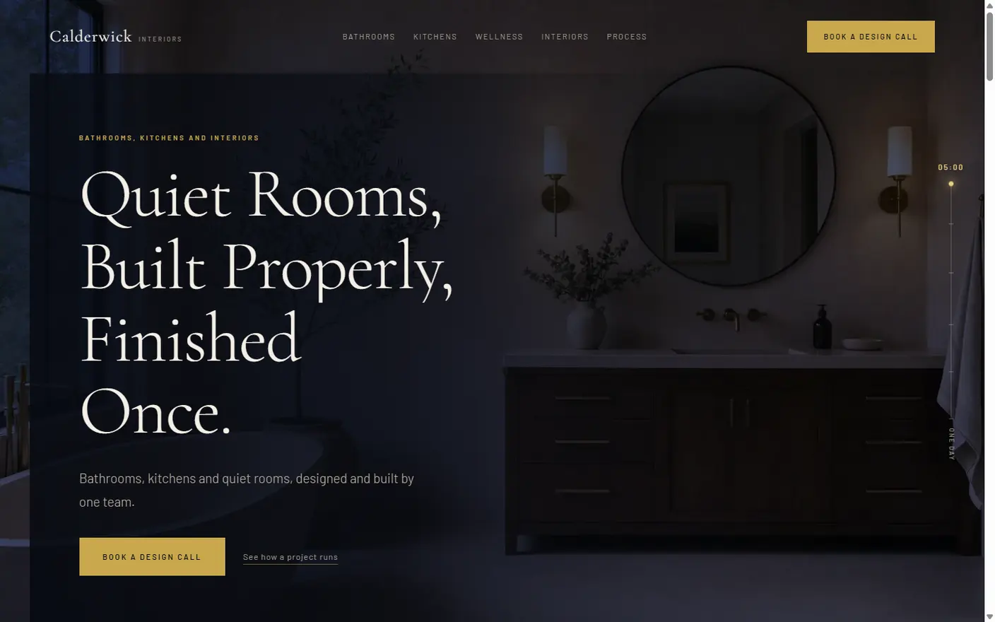 A design concept for a fictional interiors company: a limestone bathroom with a walnut vanity and brass sconces, under the headline Quiet Rooms, Built Properly, Finished Once.