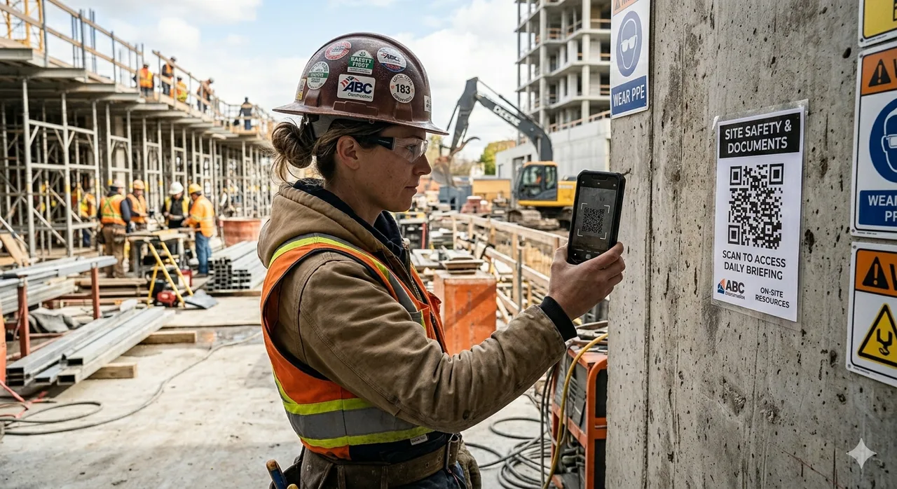 Worker scanning a site safety and documents QR code to open field paperwork on a phone