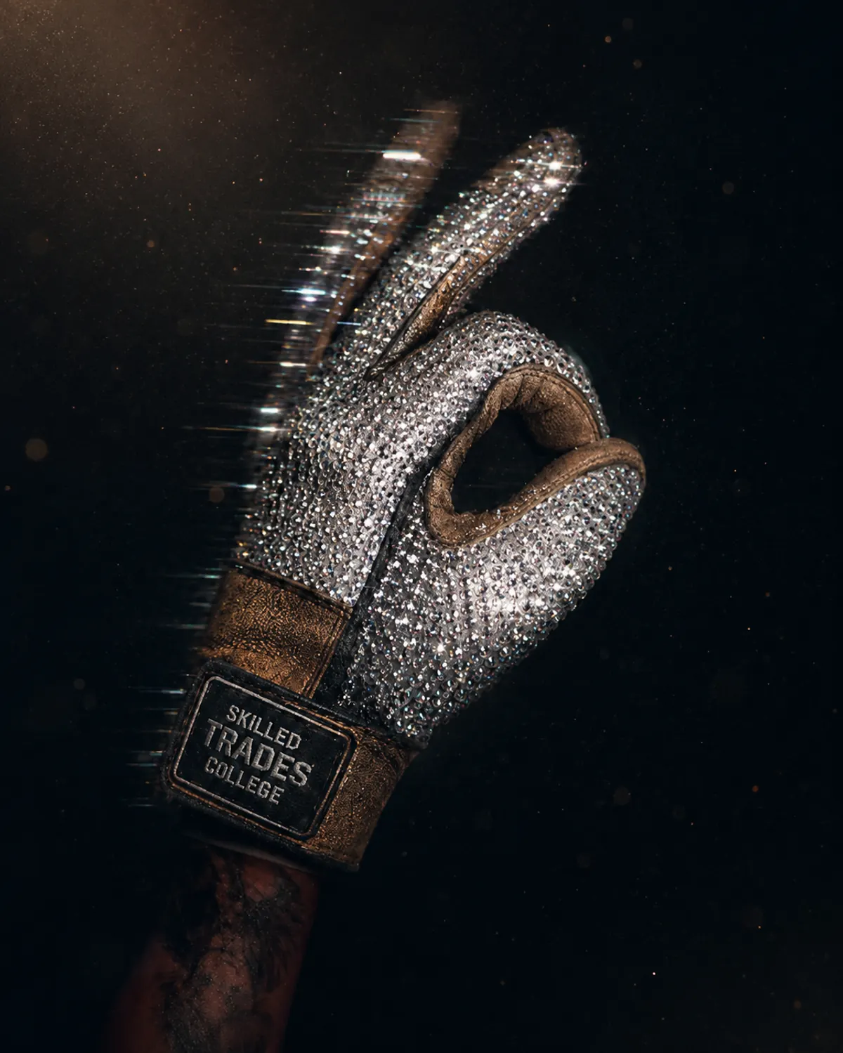 Close-up of a sparkling Skilled Trades College work glove used as the main visual for Blue Crane's trades article