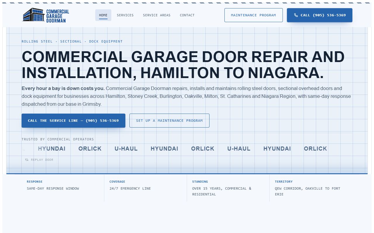 Commercial Garage Doorman homepage: blueprint-styled hero for commercial garage door repair and installation with a trust strip naming U-Haul, Hyundai and Orlick