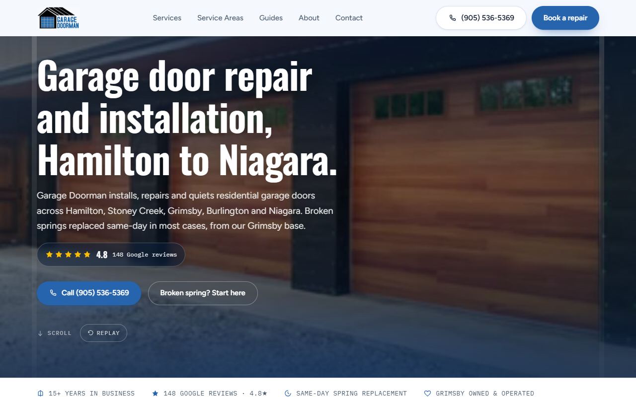 Garage Doorman residential homepage: headline reading garage door repair and installation, Hamilton to Niagara, with a 4.8 star Google review badge