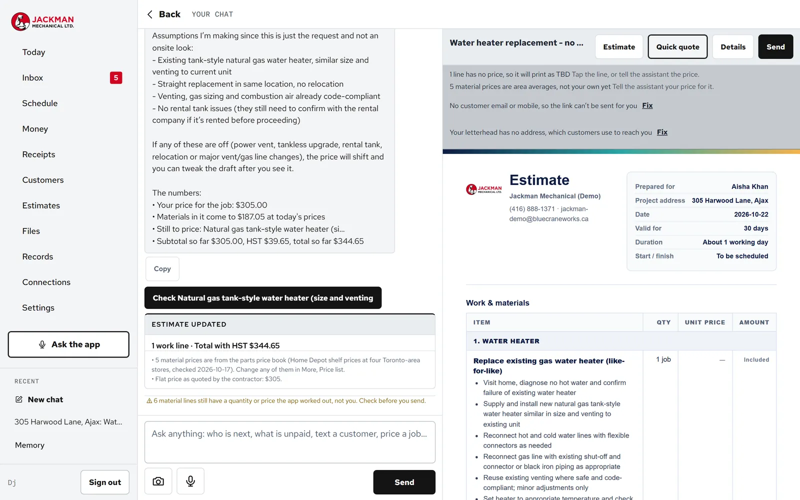 The Jackman app writing an estimate: the chat on the left lists its assumptions and the numbers, and the finished estimate with work and materials is on the right