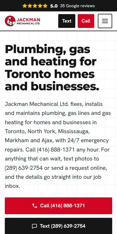 The Jackman Mechanical homepage on a phone, with Text and Call buttons in the header