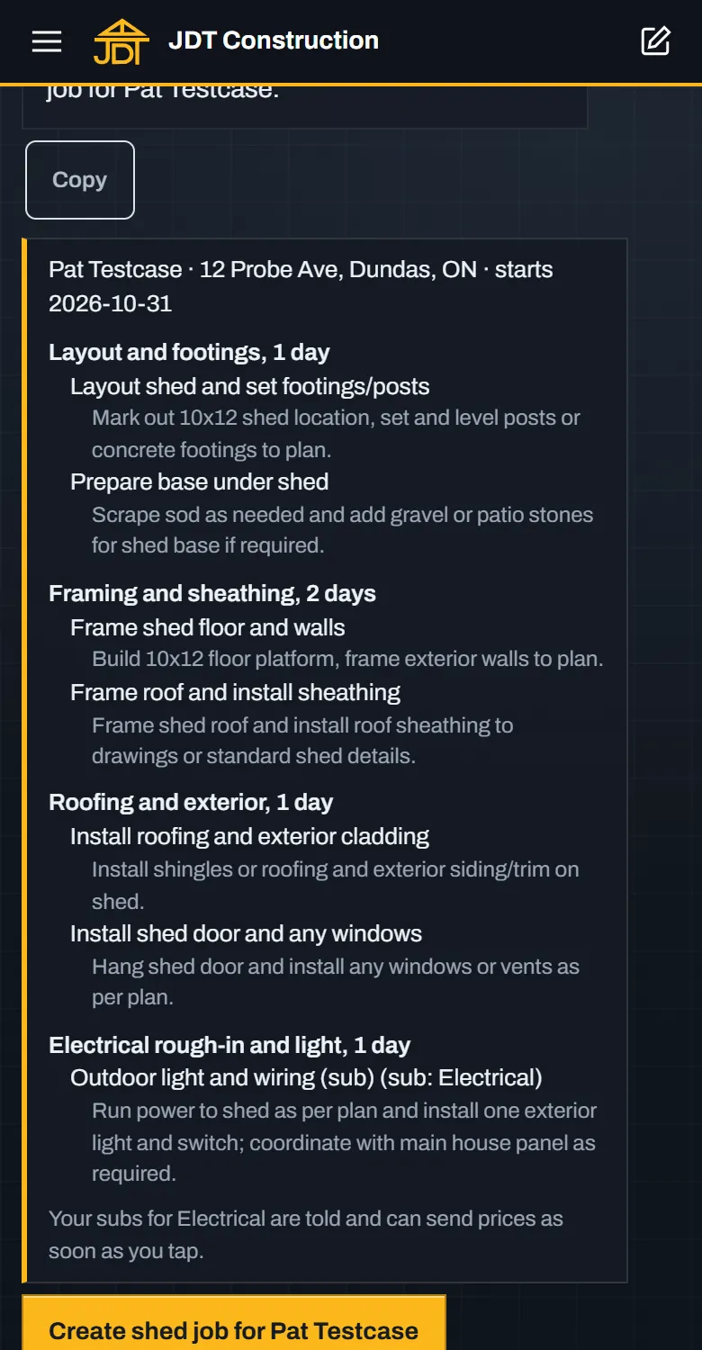 The JDT Construction app's assistant laying out a 10 by 12 shed job: four stages, the days for each, and the tasks inside them, with one button to create the job.