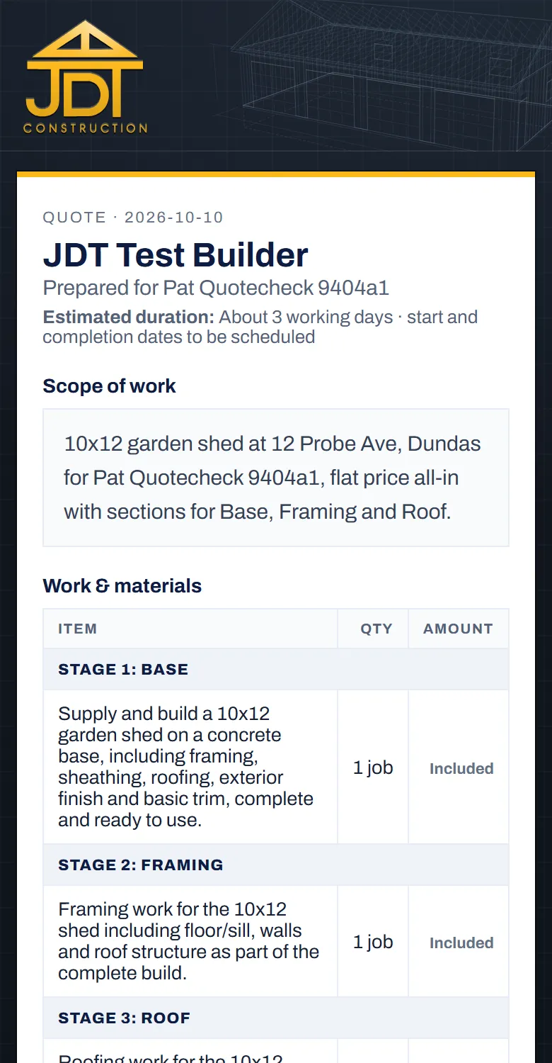 A quote as the customer sees it, on JDT Construction letterhead: scope of work and a stage by stage price.