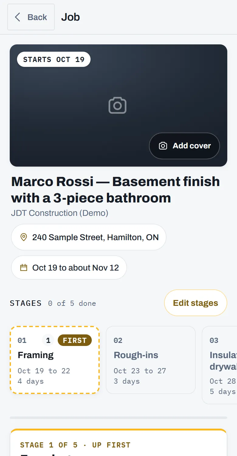 A job page in the JDT Construction app: a basement finish in Hamilton, its dates, and five stages from framing to finish.