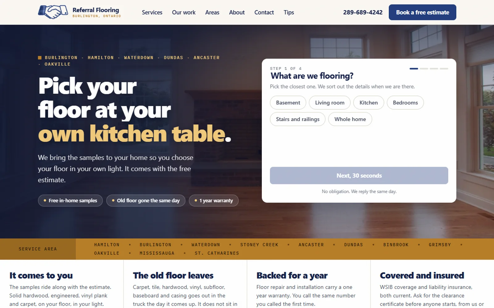 The Referral Flooring website, a Burlington flooring contractor, built and run by Blue Crane Works