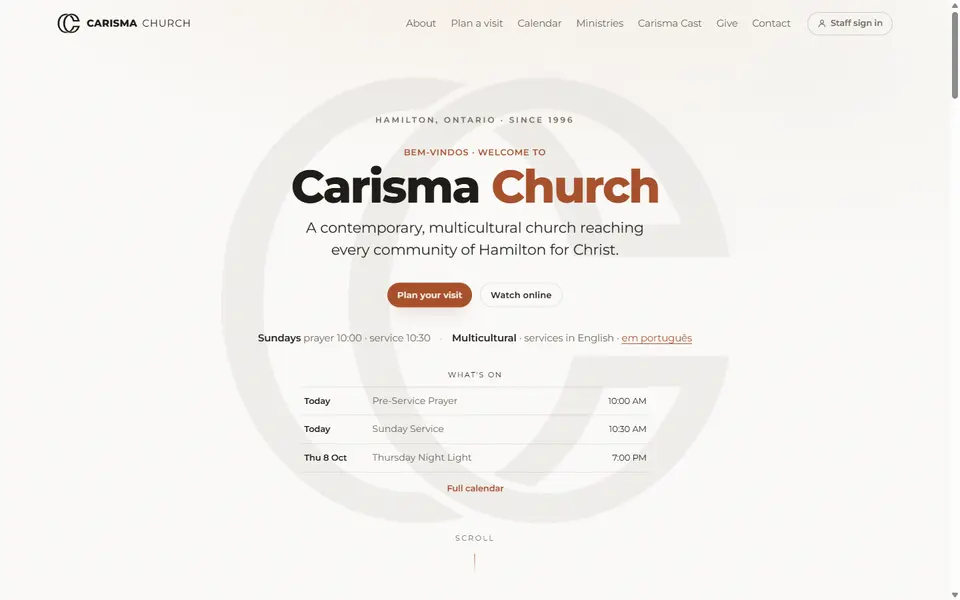 Carisma Church on a desktop screen