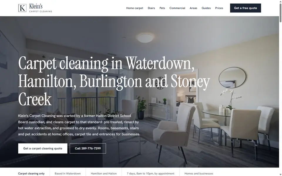 Klein's Carpet Cleaning on a desktop screen