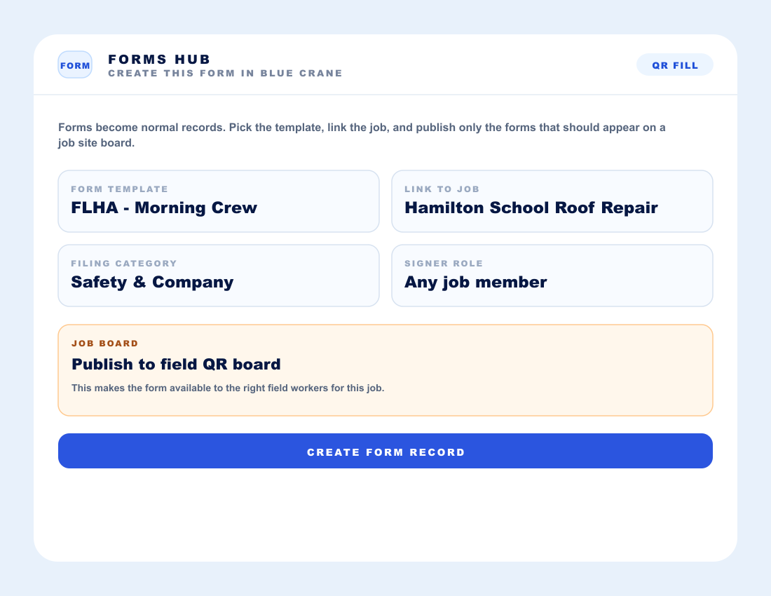 Blue Crane app forms hub screen